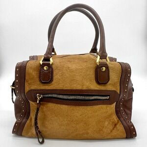 orYANY Brenda Calf-Hair Satchel Bag w Leather Trim Studded Brown $398 MSRP